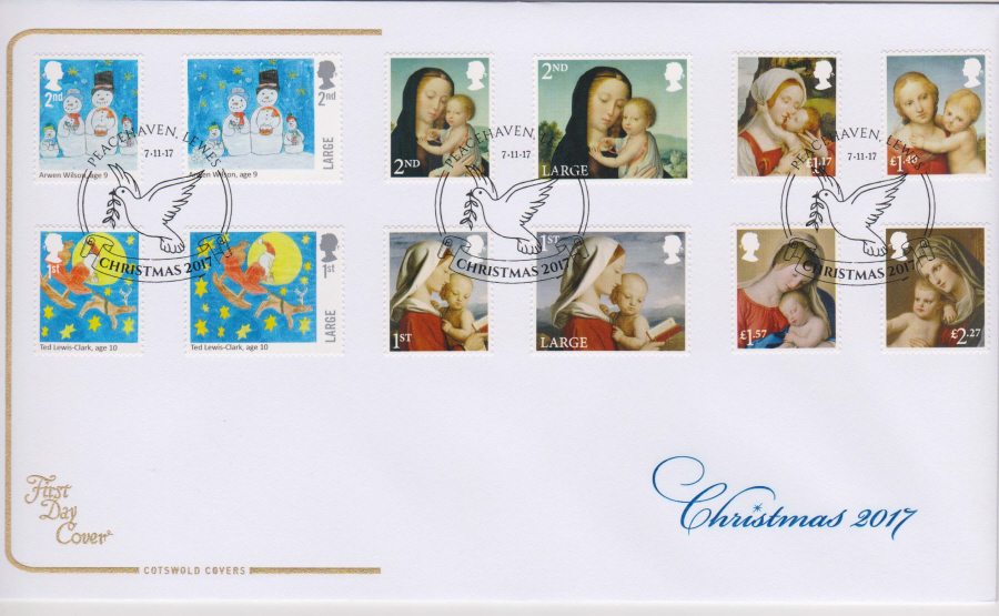 2017 Christmas FDC SET - COTSWOLD- Peacehaven, Lewes (Dove) Postmark